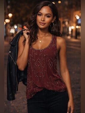BKE Boutique Beaded Tank Maroon Boho Sheer Embellished Festival Top S